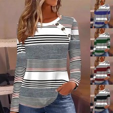 Womens Striped T Shirts Long Sleeve Loose Tunic Blouse Ladies Tops Tee SIZE 6-18