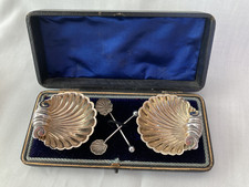 Victorian silver shell shaped table salts -- boxed --Chester mark -- 38.10 grams