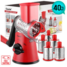 Geedel Rotary Cheese Grater & Veggie Slicer – 5 Blades, Ice Crusher – Red/White