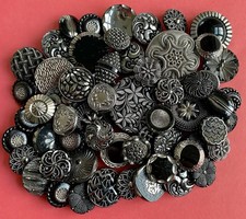 COLLECTION OF VINTAGE BLACK & SILVER GLASS BUTTONS x 59 CHRISTMAS CRAFTS DECOR