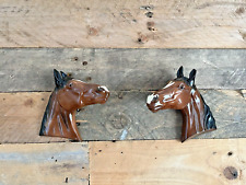 RARE PAIR / 2 VINTAGE BROWN POTTERY HORSE HEAD WALL PLAQUES MARKED FOREIGN 5055