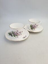 Vintage Shabby Chic Bone China Tea Cups & Saucers Violet Flowers Gold Trim - 4PC