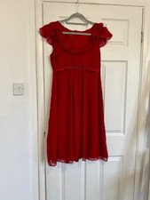 Monsoon Red 100% Silk Bead Embellished Evening Dress Size 16