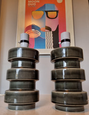 Vintage Retro Fat Lava Era pair Holkham Pottery Grey identical Table Lamps 18cm