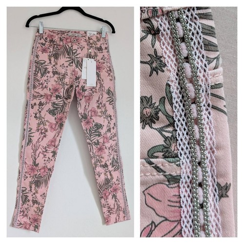 Pink floral denim jeans beaded - pink,