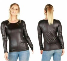  Womens Ladies Black PVC Wet Faux Leather Look Long Sleeve Top Plus Size 