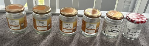 Empty honey jam jars clear - empty, honey/jam