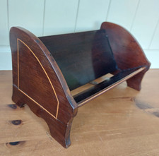 Antique mahogany inlaid book trough, Edwardian shelf, rack, rest, booktrough