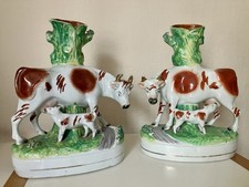 PAIR OF STAFFORDSHIRE SPILL-VASE COWS WITH CALVES /CIRCA 1870