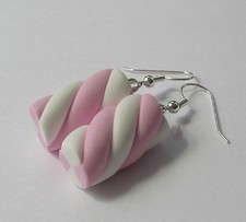 Pink & White Miniature Marshmallow Flump Sweet Charm Fun Handmade Earrings 