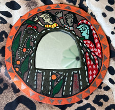 Vintage Hand Painted Indian Folk Art Round Mirror Women Elephant Papier Mache