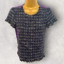 Jigsaw Womens Linton Tweed Front Silk Back Cap Sleeve Purple Wool Top UK 10