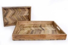 Set of 2 Wooden Herringbone Trays with Handles Mango Wood Vintage Decor 40cm