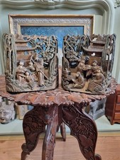 Antique Oriental Intricately Carved Wooden Book Ends Village Scenes C.1900 Rare
