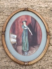 ANTIQUE OVAL WATERCOLOUR PAINTING OF FLAPPER GIRL, SIGNED D.C WARD & DATED 1914