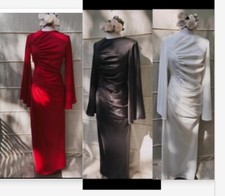 Asos Design Satin Ruched Dress Long Flare Sleeve Maxi Modest Occasion