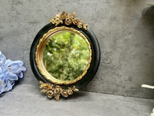 Round Wall Mirror Black Frame Gold Flowers Decorative Hanging Glass Small 16cm