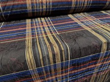 Ruched Taffeta Fabric, Per Metre- Plaid With Floral Jacquard - Brown Tan Blue
