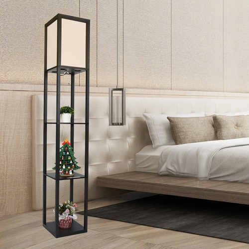 Wooden shelf floor lamp with - wooden,