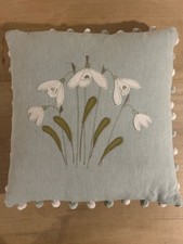 Susie Watson Cushion, 35cm sq pale blue with snow drop motif * 1 Pom Pom missing