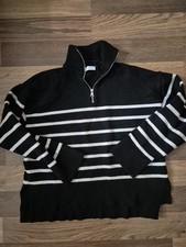 WOMENS ZARA CROPPED JUMPER MEDIUM BLACK WHITE STRIPE  1/4 ZIP HIGH NECK