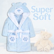 Baby Boys Robes Hooded Dressing Gown Blue Teddy Bear Fleece Plush Soft Cute Gift