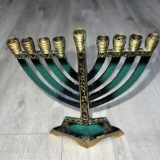 Vtg Small Menorah hanukkah Enamel 9 Commandments Brass IS.R.D.M Israel 5.5x7.5in