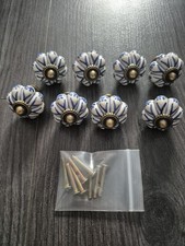 Vintage Drawer Knob Blue & White Ceramic Handle Cabinet Cupboard Door Pull 8 Pcs