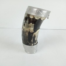 Vintage Carved Horn Goblet Mug Cup with Aluminium Trim & Cow Etching