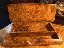 Vintage Burr Elm Desk Box with Front Pen Tray Hinged Lid Mid Century
