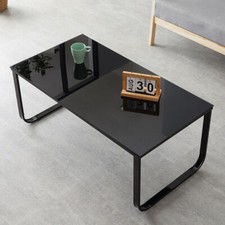 Black Tempered Glass Coffee Table Rectangle Side End Table Living Room Furniture