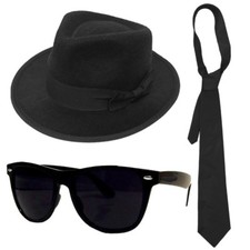 ADULTS GANGSTER SET BLUE BROTHERS HAT TIE GLASSES MENS 1920S FANCY DRESS