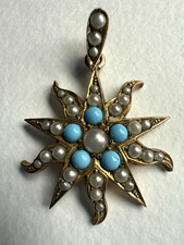 ANTIQUE VICTORIAN 9CT GOLD PLATED TURQUOISE AND SEED PEARLS STARBURST PENDANT