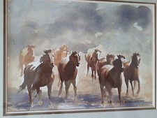 Original Watercolour Painting Norman Sinclair Wild Horses - New Zealand Art - NZ