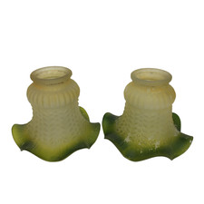 Pair Of Green Tulip Frosted Glass Lamp Shades Home Deco Lighting Ruffled Used