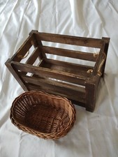 Vintage Rustic Small Wood Crate & Wicker Basket Kitchen Storage