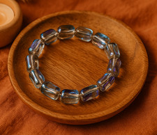 Blue Clear Square Stretch Elastic Bracelet Women Gift Bag Cubed Pearl Luster