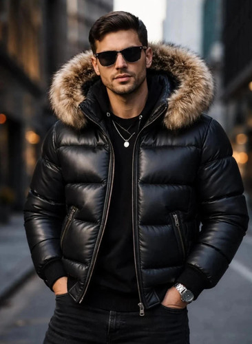 Black genuine leather puffer - black,