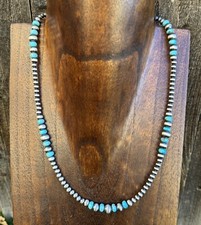 Southwestern Sterling Silver Turquoise 4mm Pearls Bead Necklace. 18 Inch. Gift