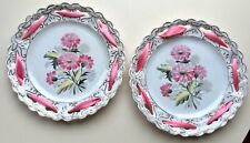 Antique PAIR of 2 RIBBON PLATES Pink Chrysanthemum Flowers Gilt Pierced Hearts