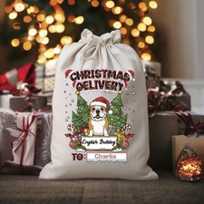 English Bulldog Dog Christmas Sack Personalised Santa Gift Cotton Bag Name Eco