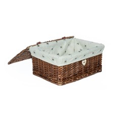 Natural Finish Wicker Basket with Lid and Bee Pattern Liner Storage Box Hamper