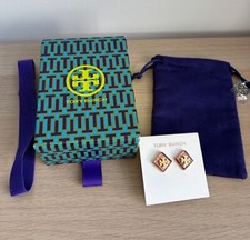 BN Tory Burch Logo Resin Square Earrings Gold & Pink Studs