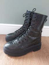 Worn Once SCHUH Black MOC CROC Mid Calf VEGAN LEATHER Chunky Sole Boots 6 39