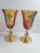 Pair Of Vintage Murano Tre Fuochi Venetian Wine Glasses Ruby Red & Gold