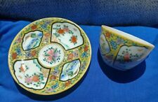 Vintage Chinese Cup and Saucer, Yellow with Landscape & Floral panels.