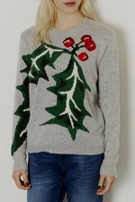 BNWT Topshop Grey Soft Angora Mix Holly Leaf Christmas Jumper - Size 8