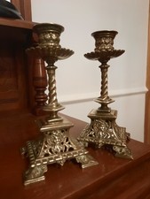 Antique Victorian Pair Of Candlesticks Barley Twist Ornate Bases Mythical Faces