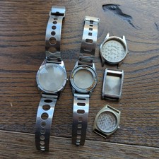 Job Lot of 5 Vintage Watch Cases and 2 Rally Steel Bracelets 1 Enicar Case (CV2)