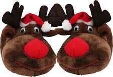 Womens Mens Red Nose Reindeer Novelty Christmas Slip On Plush Festive Slippers